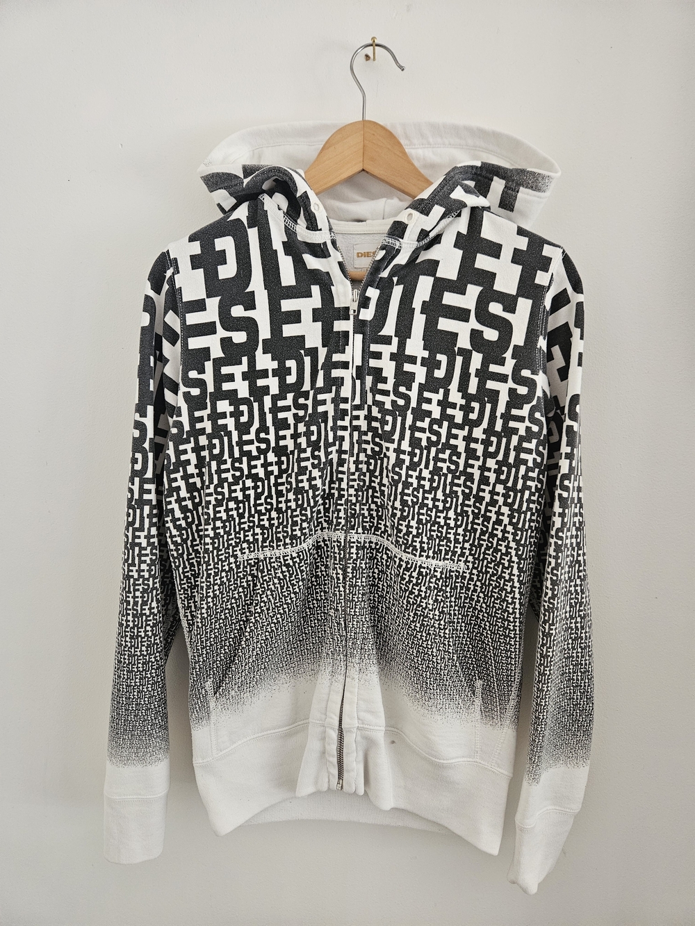 Vintage Diesel Hoodie Small All Over Print Logo Spellout Full Zip Y2K